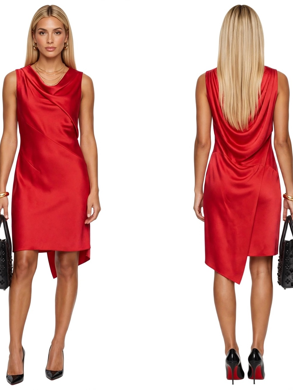 Karen Millen Red Satin Asymmetric Cowl Dress